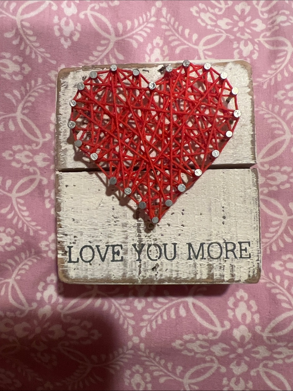 Rustic String Art Heart Sign - Red Heart, White Wood